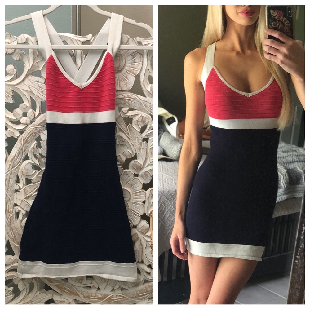 Red, white and navy stripe dress Small